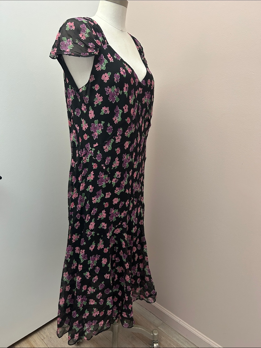 VTG Silk Chiffon Midi Dress with Pink & Green Floral Print bias-cut 16W - Picture 8 of 16